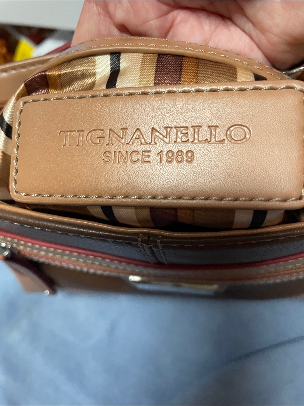 Tignanello Tan and Brown Leather Crossbody with Striped Lining - Picture 4 of 8